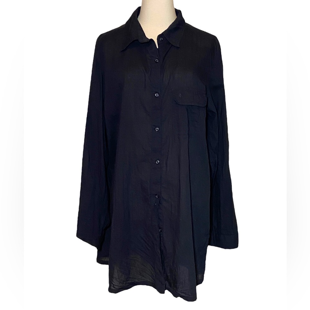 Lauren Ralph Lauren Black Tunic Lagenlook Ladies XL Button Down Roll Tab Sleeves